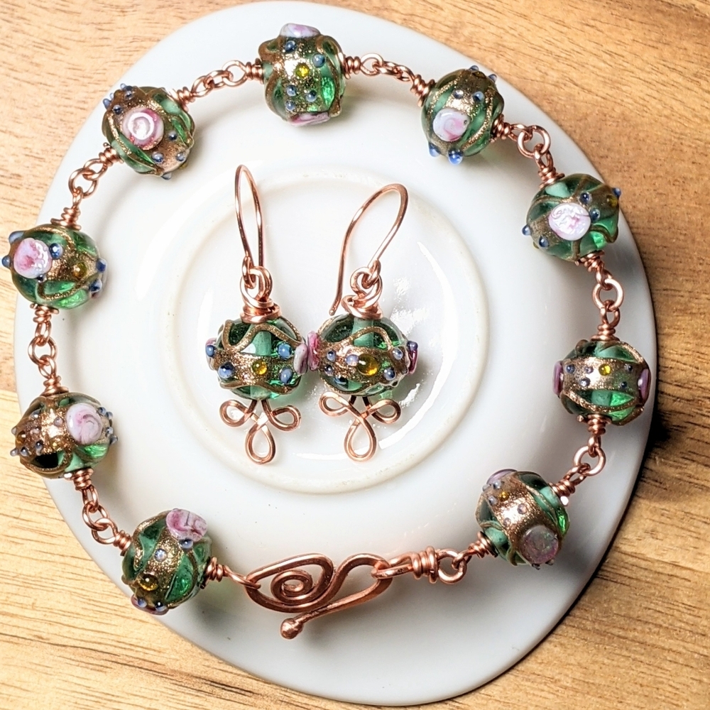 Venetian Emerald Glass Bead Earrings Copper Wire Wrap Colorful Handmade - Picture 7 of 14